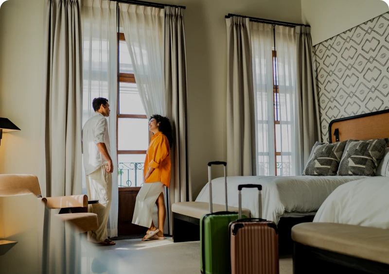 Cozy hotel room with large windows