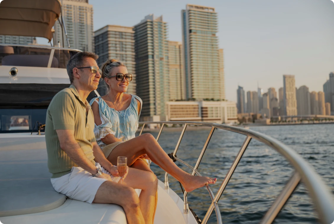 Relaxing on yacht with city skyline